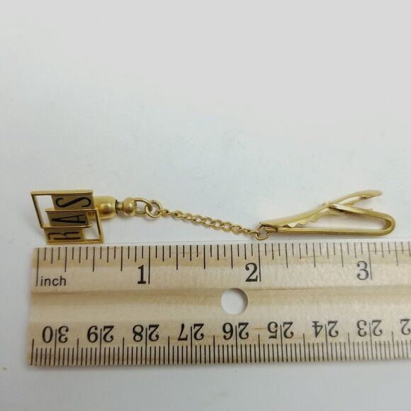 Vintage Hickok R.A.S Initial Monogram Tie Clip and Pin, Gold Tone Enamel Letters - Picture 4 of 5